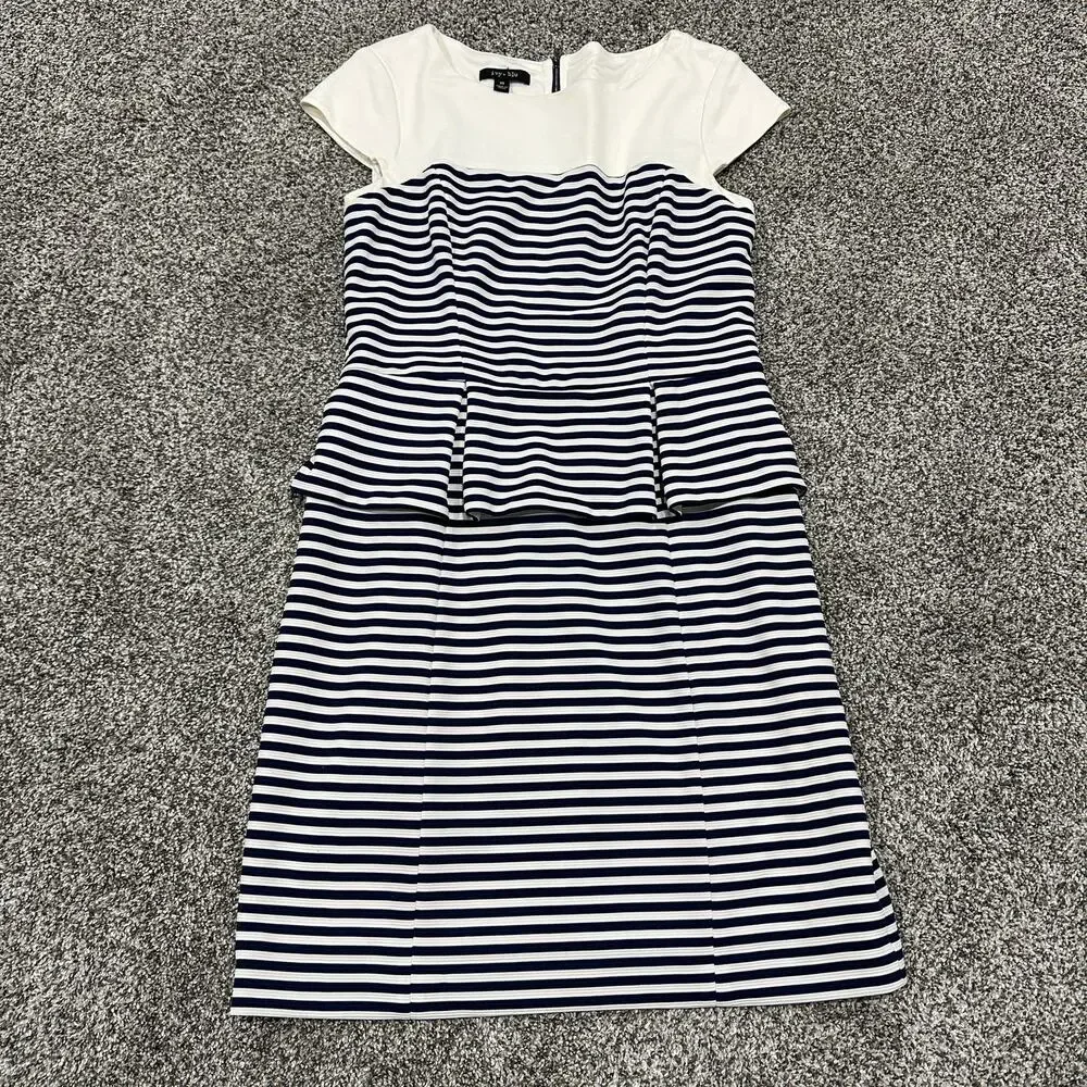 Ivy & Blu Striped Ponte Knit Peplum Dress, Navy Blue White, Size 100 - Picture 2 of 13